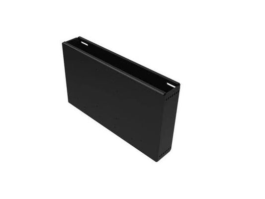 Expandable black wall adaptor box designed for projector arms like SMART 600i, SMART UX60, and Hitachi A100WALLARM. It extends throw distance and supports up to 50 pounds, making it ideal for flexible projector installations. Built in the USA and TAA compliant for government purchasing.