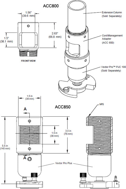 Connecteur de colonne d'extension Peerless ACC850 avec gestion des câbles, argent