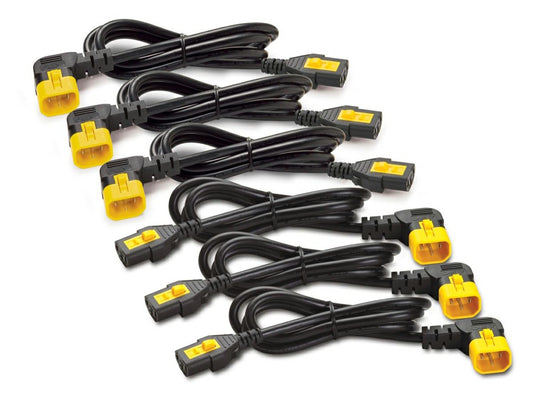 The APC Power Cord Kit (AP8704R-NA) offers a reliable and secure power connection solution for North American IT environments. This kit includes six black, locking power cords with C13 to C14 connectors, designed in a right-angle configuration for optimal space use in rack enclosures. Each cord measures 1.2 meters, ideal for high-density equipment racks.