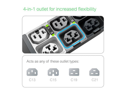 The APC NetShelter Rack PDU Advanced delivers reliable and intelligent power distribution with switched capabilities for remote outlet control. Supporting 17.3kW of power at 415V 3-phase input and fitted with an IEC 60309 30A connector, it is ideal for high-density data environments. Its robust UL 62368-1 compliance and TAA certification further validate its quality and performance.