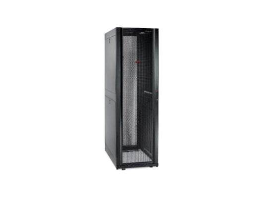 The APC NetShelter SX 42U is a TAA-compliant server rack enclosure designed to optimize infrastructure deployments in secure environments. With dimensions of 600mm wide by 1070mm deep, it provides a robust and scalable solution for data centers and IT closets. This model includes side panels and meets U.S. procurement standards, making it ideal for government and enterprise use.