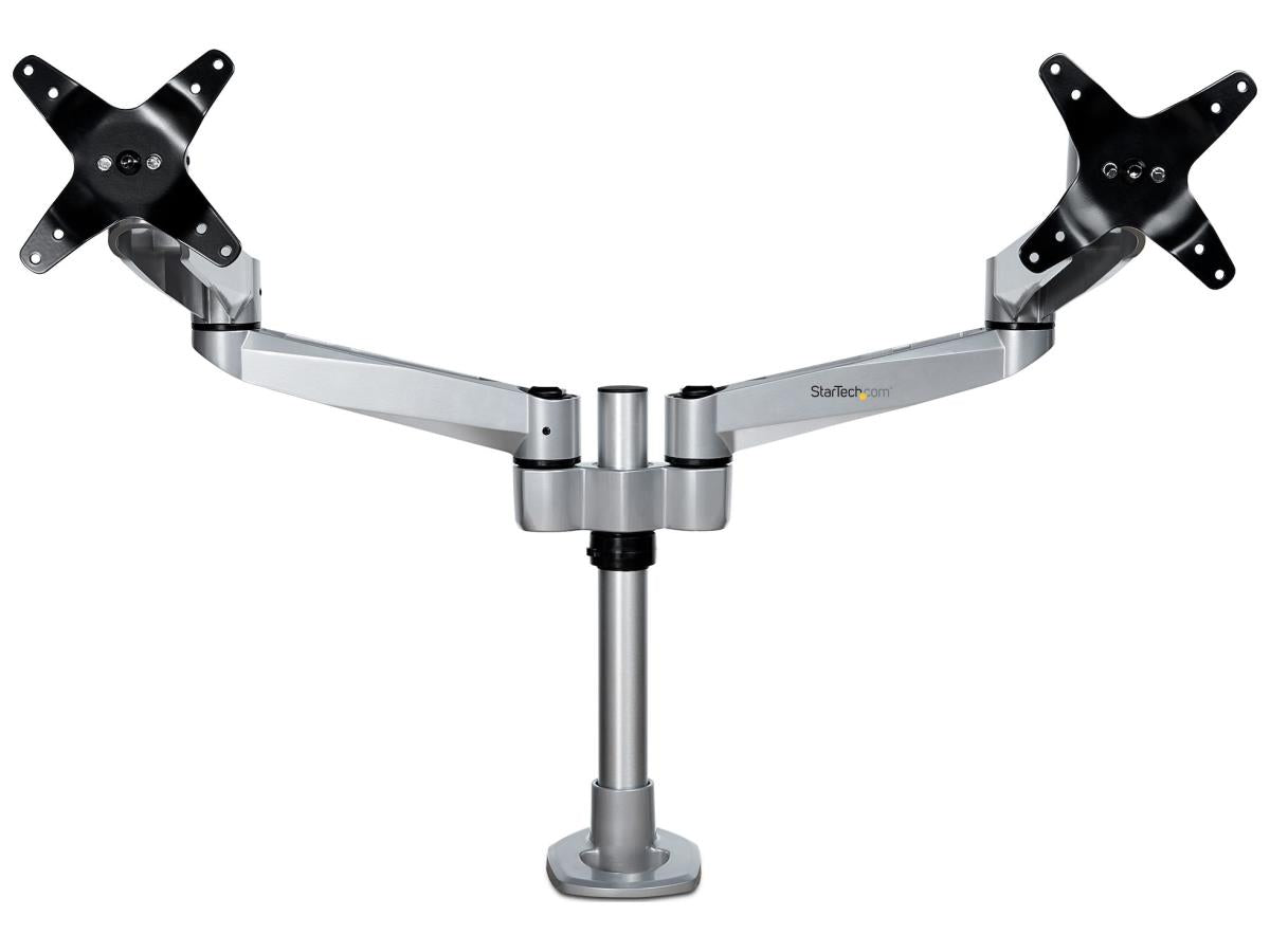 This STARTECH Premium Desk Mount Dual Monitor Arm offers superior ergonomic flexibility for dual 27-inch (17.6 lb/each) displays. Designed for comfort and versatility, this aluminum desk mount supports VESA 75x75/100x100 mm and features full 360-degree rotation, generous tilt, and easy tool-less assembly. Ideal for TAA-compliant environments that demand high-quality workspace solutions.