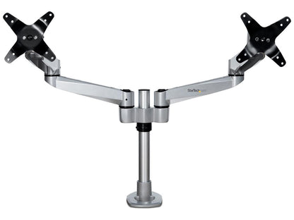 This STARTECH Premium Desk Mount Dual Monitor Arm offers superior ergonomic flexibility for dual 27-inch (17.6 lb/each) displays. Designed for comfort and versatility, this aluminum desk mount supports VESA 75x75/100x100 mm and features full 360-degree rotation, generous tilt, and easy tool-less assembly. Ideal for TAA-compliant environments that demand high-quality workspace solutions.