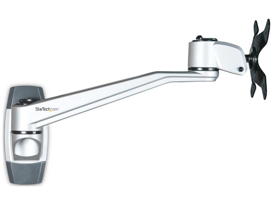 Save space with this premium wall mount monitor arm. Designed for VESA-compatible displays up to 34 inches and 14 kg, it features a 10.2-inch swivel extension, 360-degree rotation, and +90/-15 degree tilt for optimal positioning. Built from durable aluminum, this mount allows tool-less setup and supports full articulation for enhanced workflow and ergonomic comfort.