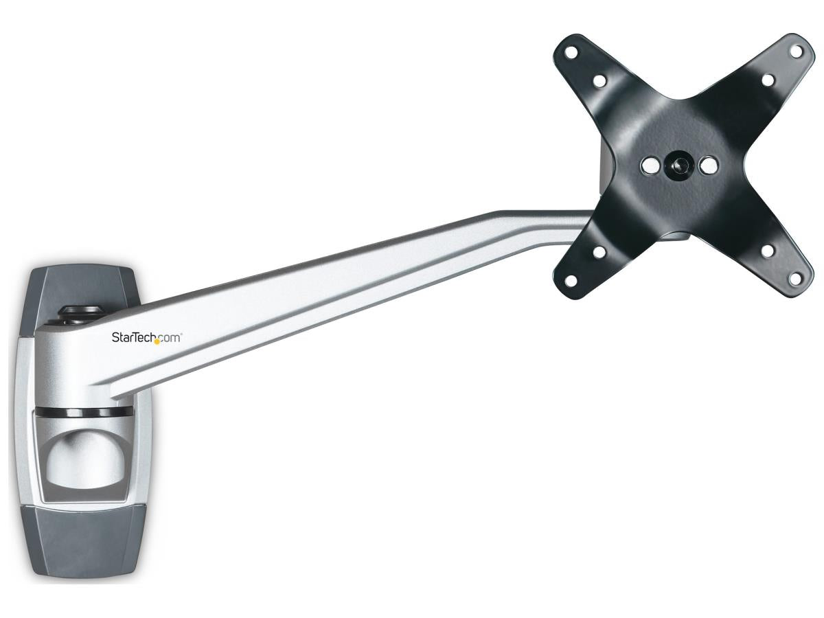 Save space with this premium wall mount monitor arm. Designed for VESA-compatible displays up to 34 inches and 14 kg, it features a 10.2-inch swivel extension, 360-degree rotation, and +90/-15 degree tilt for optimal positioning. Built from durable aluminum, this mount allows tool-less setup and supports full articulation for enhanced workflow and ergonomic comfort.