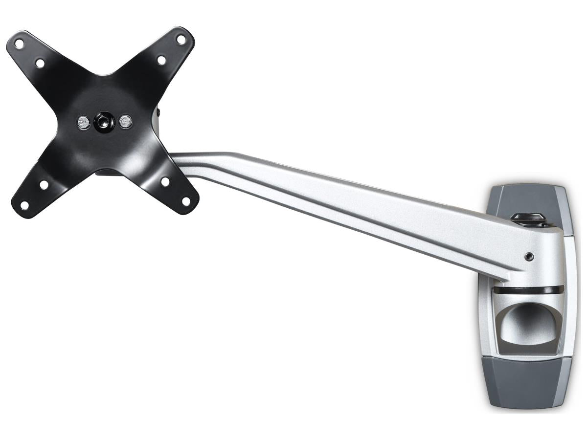 Save space with this premium wall mount monitor arm. Designed for VESA-compatible displays up to 34 inches and 14 kg, it features a 10.2-inch swivel extension, 360-degree rotation, and +90/-15 degree tilt for optimal positioning. Built from durable aluminum, this mount allows tool-less setup and supports full articulation for enhanced workflow and ergonomic comfort.