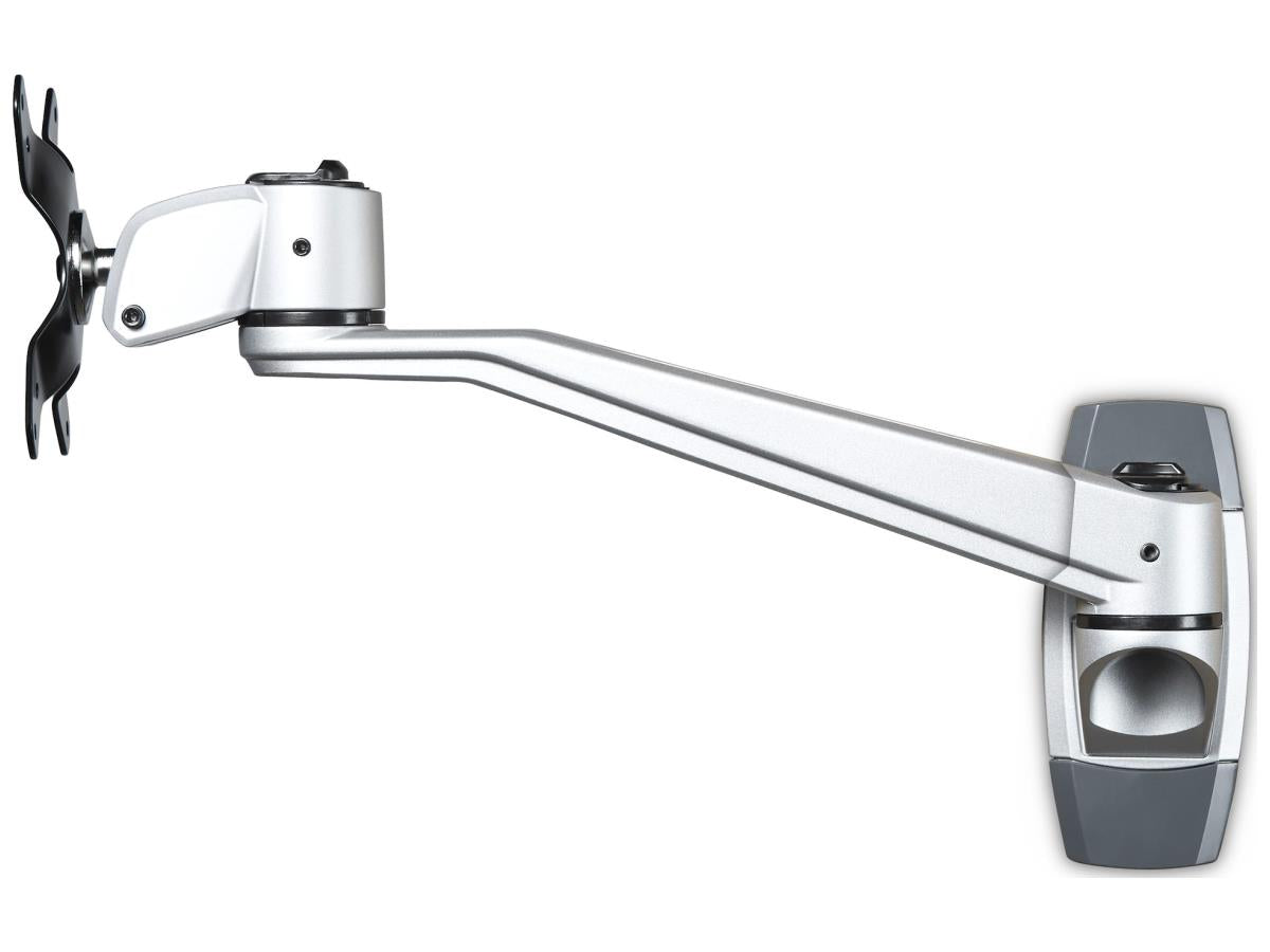 Save space with this premium wall mount monitor arm. Designed for VESA-compatible displays up to 34 inches and 14 kg, it features a 10.2-inch swivel extension, 360-degree rotation, and +90/-15 degree tilt for optimal positioning. Built from durable aluminum, this mount allows tool-less setup and supports full articulation for enhanced workflow and ergonomic comfort.