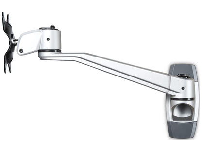 Save space with this premium wall mount monitor arm. Designed for VESA-compatible displays up to 34 inches and 14 kg, it features a 10.2-inch swivel extension, 360-degree rotation, and +90/-15 degree tilt for optimal positioning. Built from durable aluminum, this mount allows tool-less setup and supports full articulation for enhanced workflow and ergonomic comfort.