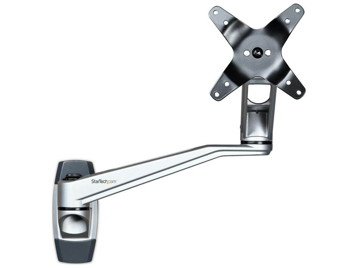 The STARTECH Long Wall Mount Monitor Arm is a VESA-compatible articulating arm designed for single displays up to 34 inches and 30.9 lbs. It provides full tilt, swivel, and 360-degree rotation, allowing for personalized ergonomic viewing and effortless adjustment. With a reach of 20.5 inches and fold-back capability to 5.1 inches, this aluminum arm combines space efficiency, cable management, and a durable 10-year warranty for added value.