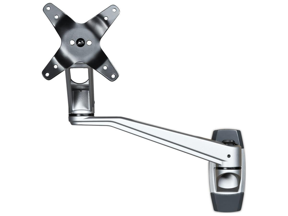 The STARTECH Long Wall Mount Monitor Arm is a VESA-compatible articulating arm designed for single displays up to 34 inches and 30.9 lbs. It provides full tilt, swivel, and 360-degree rotation, allowing for personalized ergonomic viewing and effortless adjustment. With a reach of 20.5 inches and fold-back capability to 5.1 inches, this aluminum arm combines space efficiency, cable management, and a durable 10-year warranty for added value.