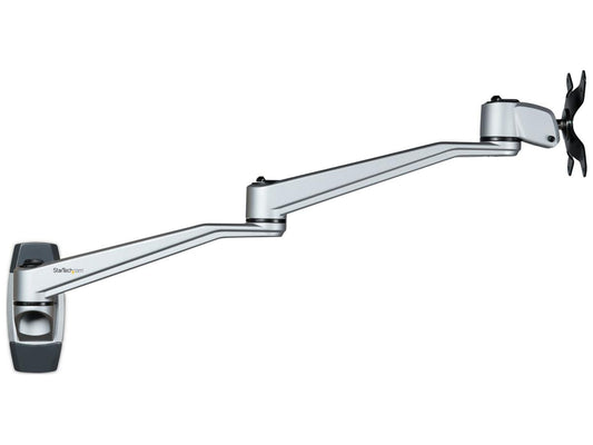 The STARTECH Long Wall Mount Monitor Arm is a VESA-compatible articulating arm designed for single displays up to 34 inches and 30.9 lbs. It provides full tilt, swivel, and 360-degree rotation, allowing for personalized ergonomic viewing and effortless adjustment. With a reach of 20.5 inches and fold-back capability to 5.1 inches, this aluminum arm combines space efficiency, cable management, and a durable 10-year warranty for added value.