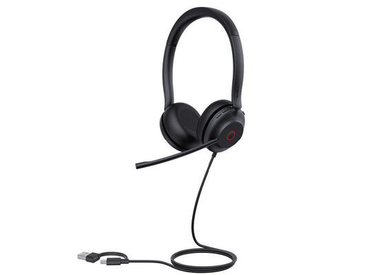 The YEALINK UH35 Dual Teams USB-C/A is a Microsoft Teams-certified wired headset designed for professional communication environments. Featuring dual noise-canceling microphones, stereo sound output, and leather ear cushions, this over-the-head binaural headset offers enhanced comfort and clear audio. It connects via USB-A or USB-C and includes a convenient busy light for workplace efficiency.