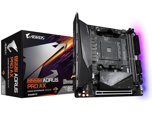 Compact and powerful, the GIGABYTE B550I AORUS PRO AX motherboard delivers next-gen performance for AMD desktop systems in a Mini-ITX form factor. It supports Ryzen 5000 and 3rd Gen processors, features a Direct 8 Phases Digital VRM and robust thermal solutions to ensure reliable power delivery and cooling. With built-in WiFi 6, 2.5GbE LAN, RGB Fusion 2.0, and support for PCIe 4.0 M.2 storage, it offers connectivity and expansion options ideal for high-performance SFF gaming or content creation builds.