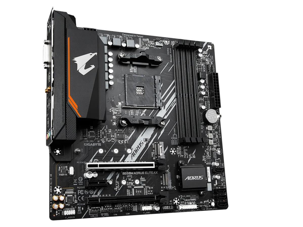 The GIGABYTE B550M AORUS ELITE AX is a performance-optimized Micro ATX motherboard designed for AMD Ryzen processors. Supporting up to 128GB of DDR4 RAM and featuring AMD's B550 chipset, this board enables high-performance desktop builds for gaming, productivity, and content creation. It offers robust connectivity with HDMI, RJ-45 Ethernet, and multiple USB ports.