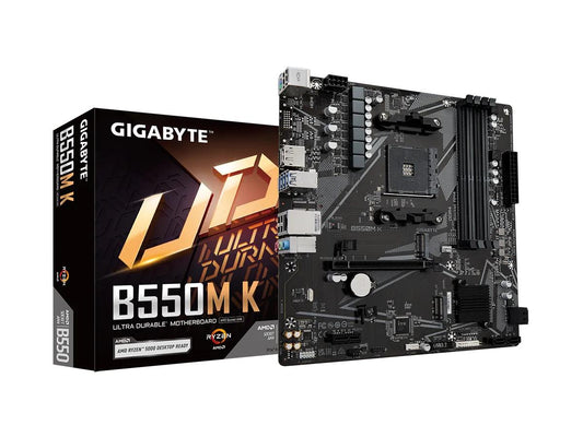 The GIGABYTE B550M K is a Micro ATX motherboard equipped with the AMD B550 chipset, designed to support AMD Ryzen 5000, 4000, and 3000 series processors. With DDR4 memory support up to 128GB and robust connectivity options including USB, HDMI, and DisplayPort, this motherboard is an ideal solution for mainstream computing systems. It also features reliable networking and high-speed interfaces for versatile system builds.