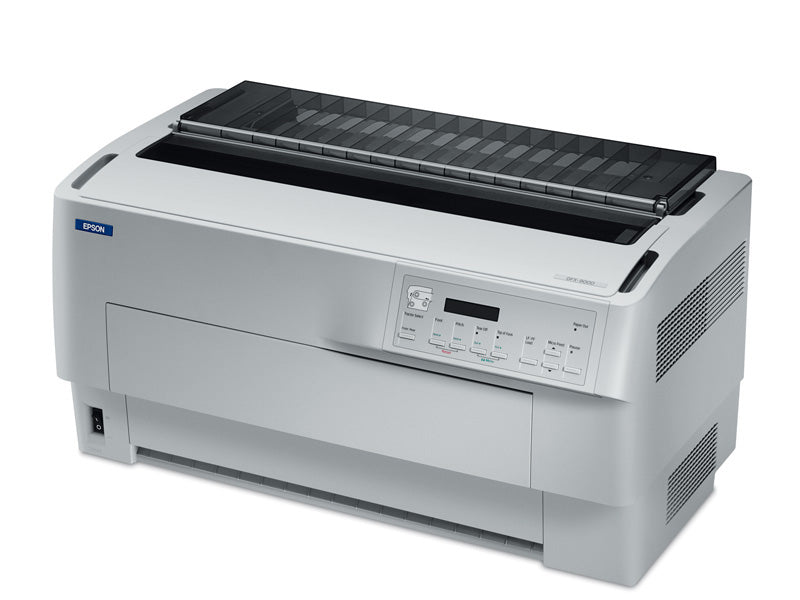 The EPSON DFX-9000 is a high-performance monochrome dot-matrix printer built for demanding workgroup environments. With print speeds up to 1550 characters per second (cps), it handles continuous forms and label printing tasks with exceptional efficiency. Equipped with multiple connectivity options—including USB, Serial, and Parallel—it supports seamless integration into various legacy and modern PC systems.