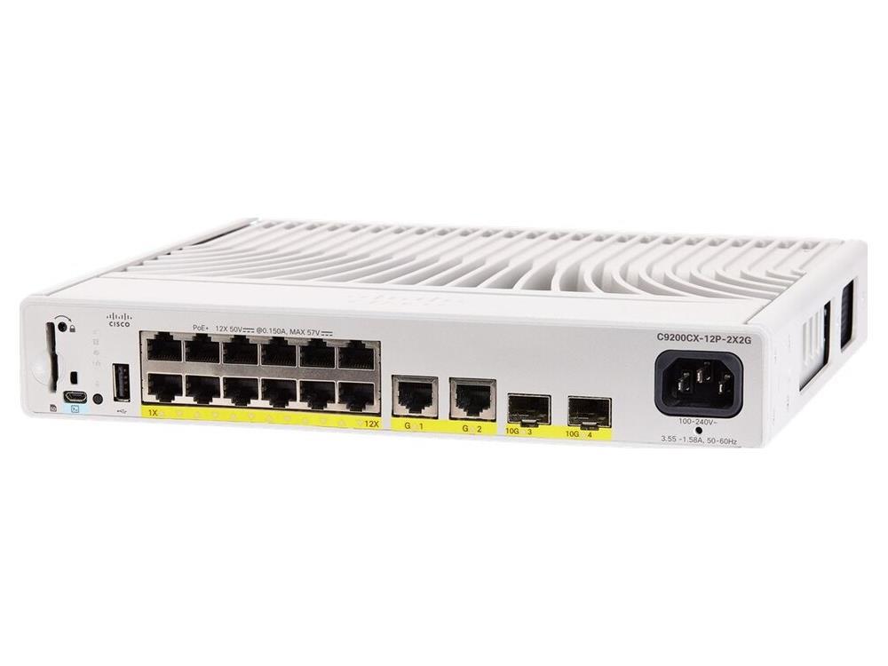 Cisco's Catalyst 9200CX-12P-2X2G-E is a compact managed switch offering 12 PoE+ 1G ports, dual 10G uplinks, and robust Layer 2/3 support. Designed for high-efficiency deployments with a 240W PoE power budget, it meets the demands of modern enterprise networks. Enhanced with advanced networking protocols, 8 GB of flash, and 4 GB memory, this TAA-compliant switch ensures long-term scalability and reliability.