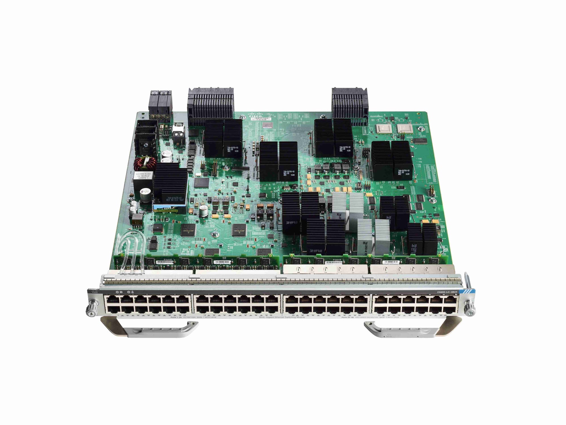 The Cisco Catalyst 9400 Series 48-Port UPOE Line Card with 24 Multigigabit ports and 24 standard RJ-45 ports supports high data throughput and power delivery. Designed for next-generation workspaces, it enables multigigabit speeds and up to 60W of power output per port using Cisco UPOE, efficiently supporting IP devices over existing cabling infrastructures.