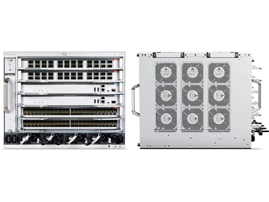 High-performance Cisco Catalyst 9606R 8U switch designed for robust wired networking in enterprise environments. Offers dual AC/DC power support, advanced Layer 2/3 support, and protocols including RIP and OSPF. Suitable for mission-critical infrastructure requiring long lifecycle, with an MTBF of over 4 million hours and enhanced lifetime warranty.
