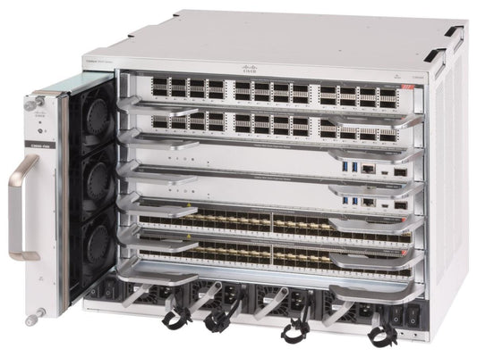 The Cisco Catalyst 9606R is a powerful 6-slot modular switch chassis designed for high-performance academic and enterprise environments. This rack-mountable 8U solution offers advanced scalability, robust configuration options, and EDU pricing. Engineered for future-proof networking with up to 25.6 Tbps switching capacity.