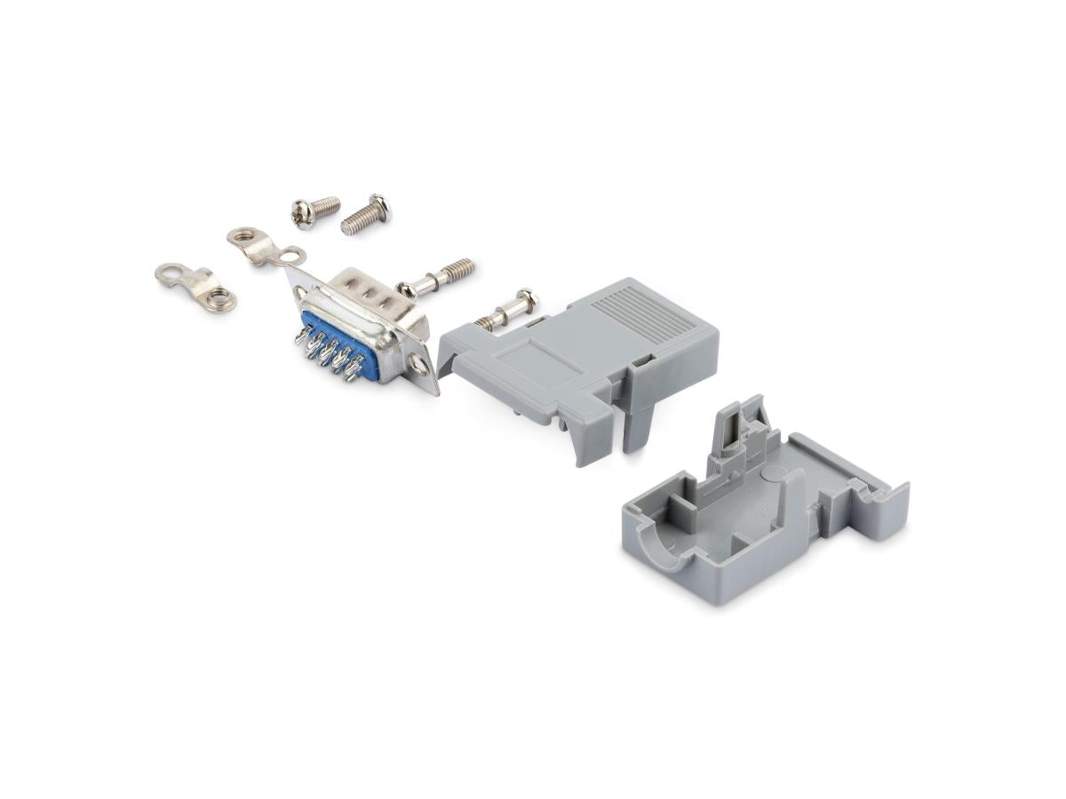 The StarTech C9PSM is an assembled DB9 male solder D-SUB connector featuring a plastic backshell, ideal for custom serial cabling. It includes one 9-pin DB-9 connector, is made from durable gray plastic, and is backed by a lifetime warranty for peace of mind. TAA compliant and manufactured in Taiwan, it ensures reliable performance in data communication tasks.