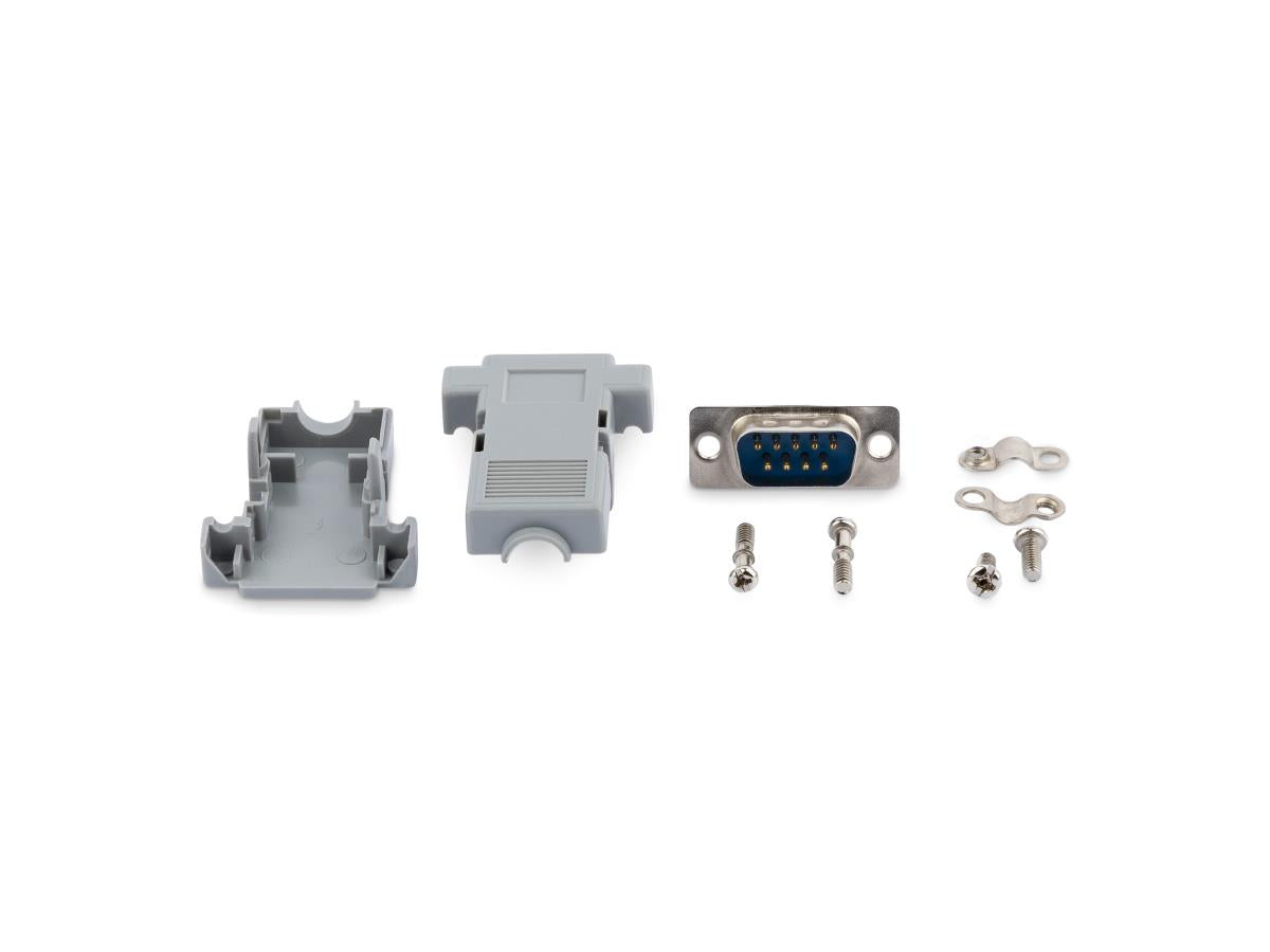 The StarTech C9PSM is an assembled DB9 male solder D-SUB connector featuring a plastic backshell, ideal for custom serial cabling. It includes one 9-pin DB-9 connector, is made from durable gray plastic, and is backed by a lifetime warranty for peace of mind. TAA compliant and manufactured in Taiwan, it ensures reliable performance in data communication tasks.