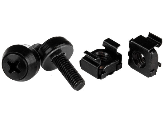 This 50-pack server rack hardware kit from StarTech includes TAA-compliant 10-32 cage nuts and screws designed for square hole server and network equipment racks. Made from high-quality matte black steel, each fastener comes with a pre-installed washer for stability and an included installation tool for efficient setup. Ideal for IT professionals and system integrators, it offers durability and compliance with U.S. government procurement standards.