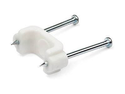 Organize and secure Ethernet, AV, coaxial, or telephone cables with this 100-pack of medium white cable clips from StarTech. Made from durable PE material and featuring two integrated steel nails, these clips offer a reliable mounting solution for baseboards, drywall, brick, and wooden surfaces. TAA compliant and reusable, they are ideal for both professional and residential cable management applications.