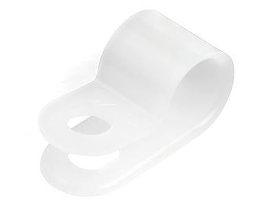This 100-pack of StarTech R-type screw mount cable clamps is ideal for organizing and securing cables with a 7.9mm (0.31in) bundle diameter. Made from flame-rated UL/94V-2 Nylon 66, these reusable white clamps feature a mounting hole for easy installation on walls or surfaces with a single screw or nail. TAA compliant and backed by a 2-year warranty, they offer robust cable management in IT, home, or commercial setups.