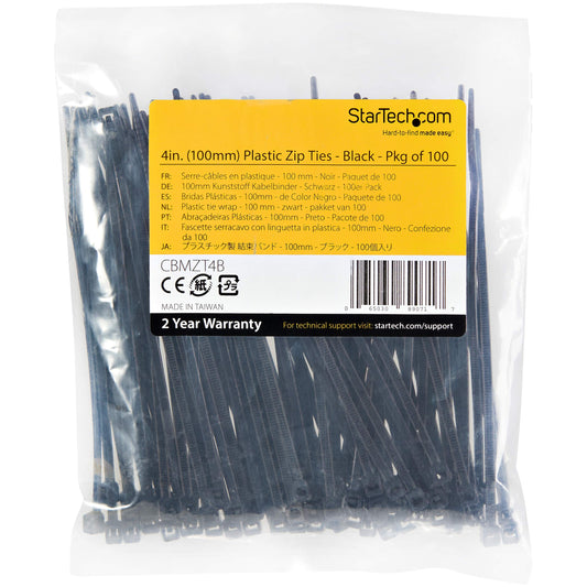 Serre-câbles StarTech 4 po, noirs, paquet de 100, diamètre de faisceau 22 mm, nylon, TAA