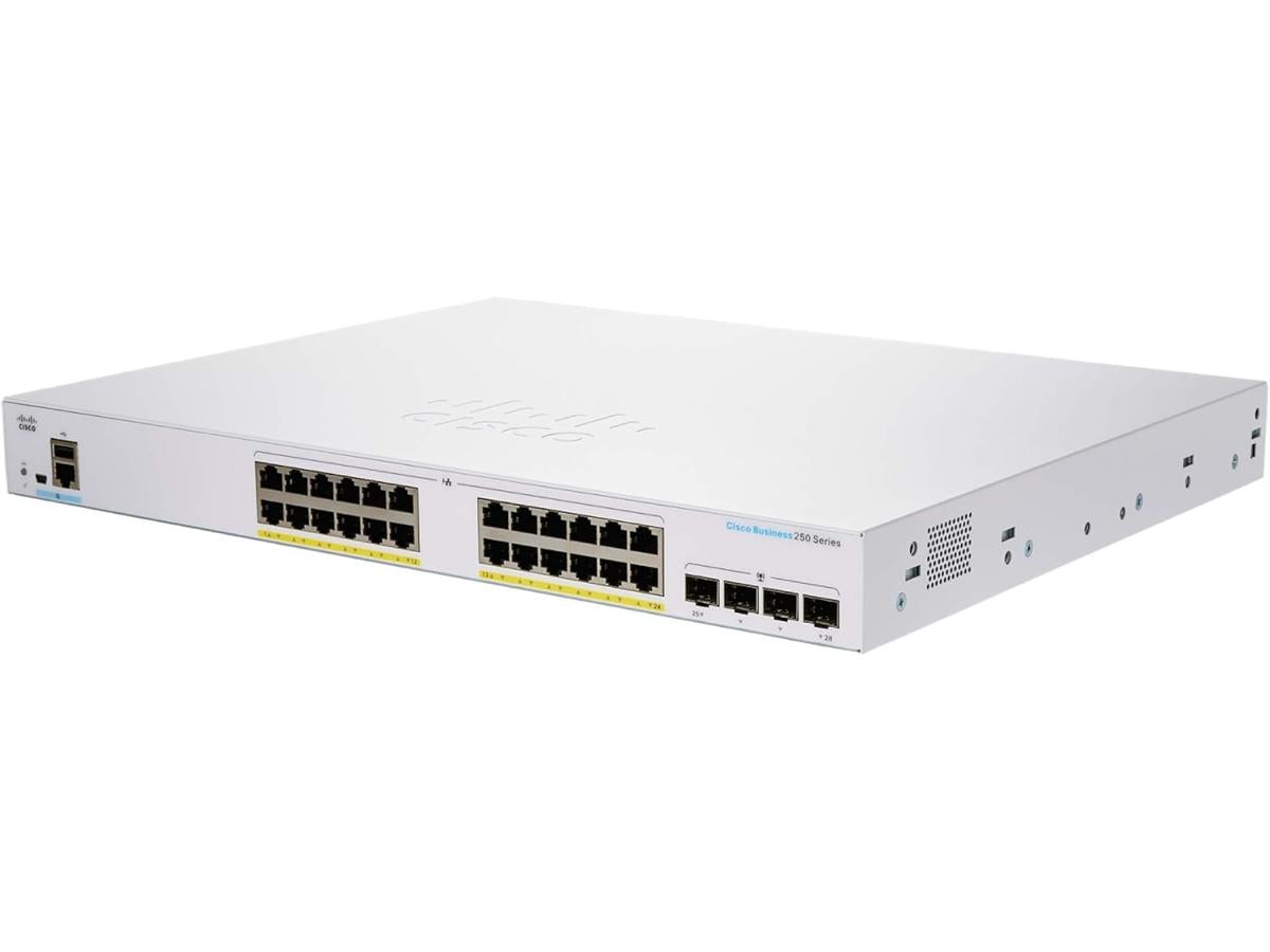 The Cisco CBS250-24FP-4G is a rack-mountable, remanufactured smart switch designed for advanced Layer 2/3 switching with full PoE+ support across 24 Gigabit ports and 4 dedicated 1G SFP uplinks. Powered by an 800 MHz ARM processor and backed by 512MB RAM and 256MB of flash, this switch delivers stability and performance for SMB networks. Cisco’s Plug and Play solution streamlines network deployments with near-zero-touch provisioning, optimizing IT resources and minimizing onboarding time.