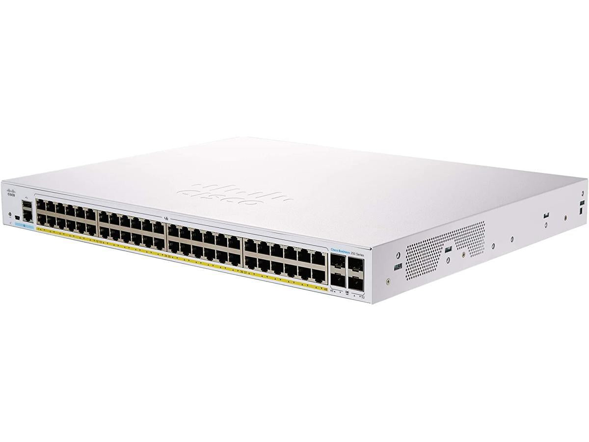 The Cisco CBS250-48P-4XNA-RF is a remanufactured 48-port smart switch designed for small to mid-sized business networks. It features 48 PoE+ Gigabit Ethernet ports, a 370W PoE power budget, and 4 SFP+ ports for high-speed uplinks. With robust Layer 2 and Layer 3 features, advanced security protocols, and cloud-grade manageability, this switch offers a cost-effective yet powerful networking solution backed by a limited lifetime warranty.
