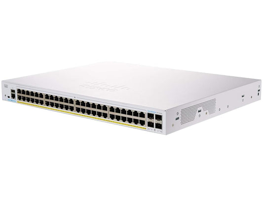The Cisco CBS350-48P-4XNA-RF is a remanufactured 48-port managed Gigabit Ethernet switch, designed for reliable SMB and enterprise network deployments. It features PoE+ capabilities with a 370W power budget, four 10Gbps SFP+ uplinks, and advanced Layer 3 support. Optimized for performance and management, it includes robust security, high-port density, and simplified deployment tools.