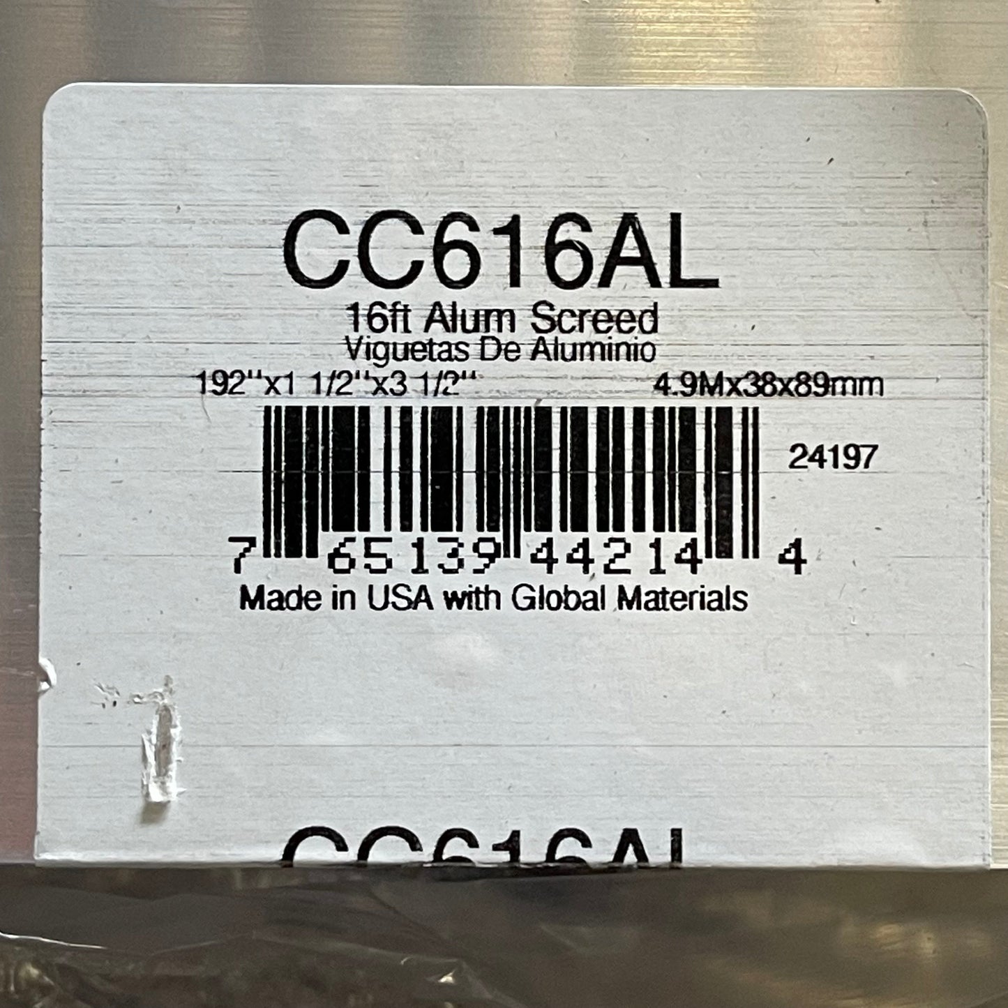 KRAFT TOOL CO. Striker Screed 192”x3-1/2”x1-1/2” ALUMINUM CC612AL