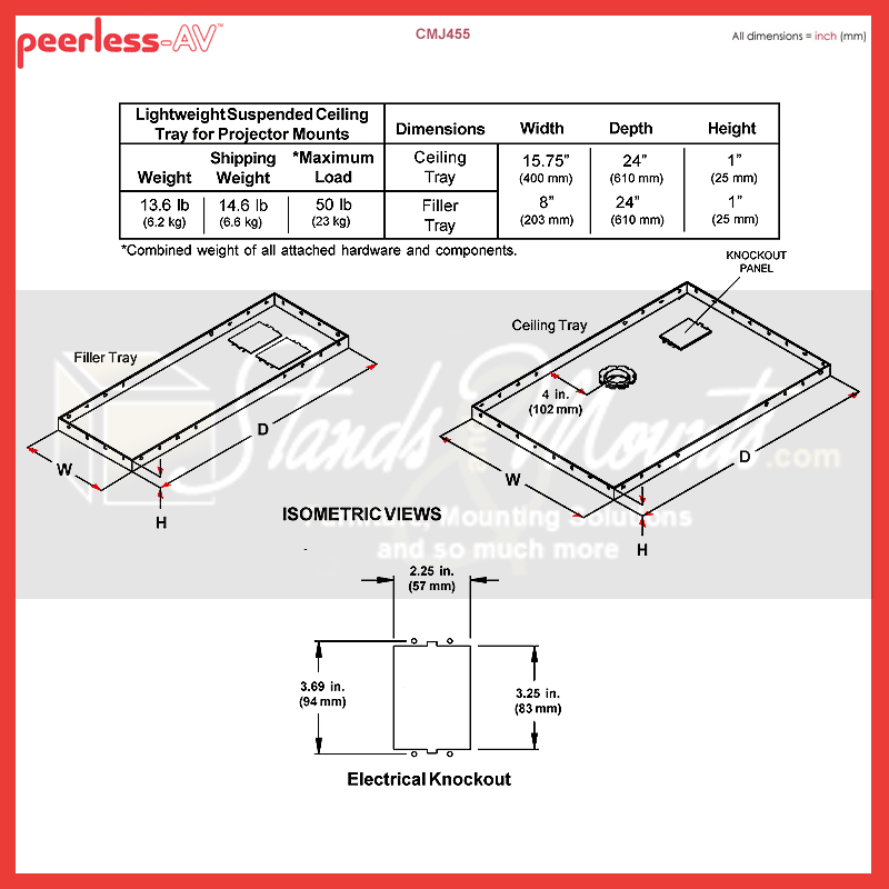 Peerless CMJ453 Variable Position Suspended Ceiling Kit, White 24x24in