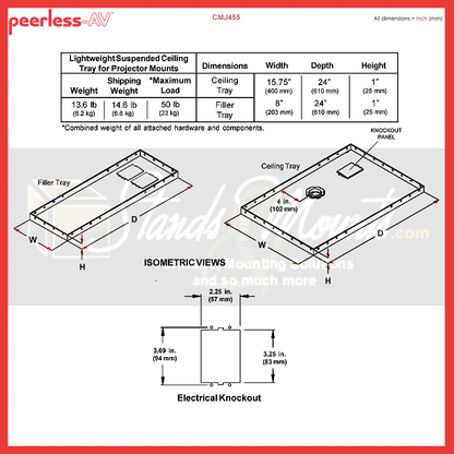 Peerless CMJ453 Variable Position Suspended Ceiling Kit, White 24x24in