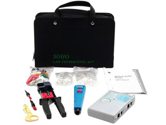 The StarTech.com Professional RJ45 Network Installer Tool Kit is an all-in-one solution designed to streamline network cabling setup and troubleshooting. Equipped with essential tools and housed in a convenient carrying case, it includes a tester for rapid verification and diagnostics. Ideal for professional installers seeking efficiency and durability.