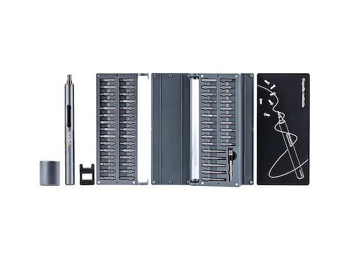 Mini cordless electric precision screwdriver kit with 55 varied bits, suitable for iPhone, iPad, MacBook, and electronic device repairs. Includes aluminum driver, 2xAAA batteries, case, and work pad—ideal for handling Torx, Tri-Wing, Pentalobe, and more. A compact, versatile toolset built for electronic maintenance and field service technicians.