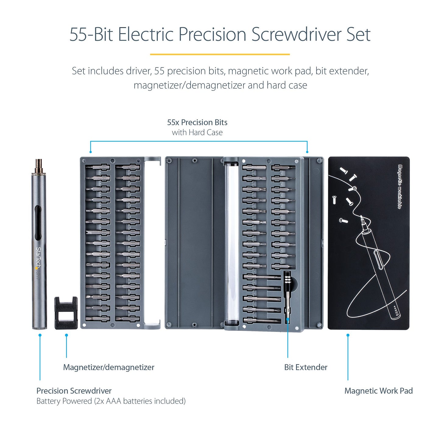 Kit de tournevis électrique de précision STARTECH 55 embouts avec étui et piles