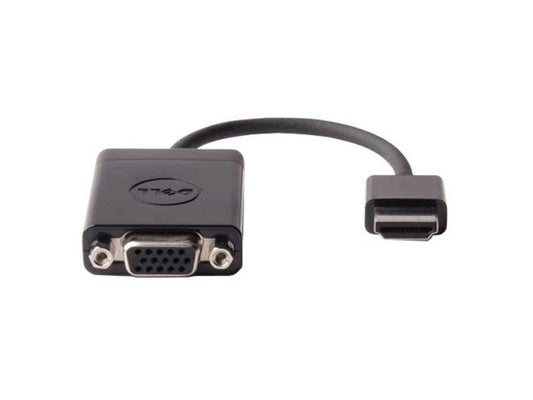 The DELL ADPT HDMI TO VGA 332-2273 is a compact black video adapter designed to connect HDMI-equipped devices to VGA displays. Featuring a male HDMI connector and a female VGA port, it's ideal for extending compatibility to legacy monitors or projectors. Optimized for systems like the Inspiron 15 5000 (5547), it ensures hassle-free connectivity for business and home users alike.