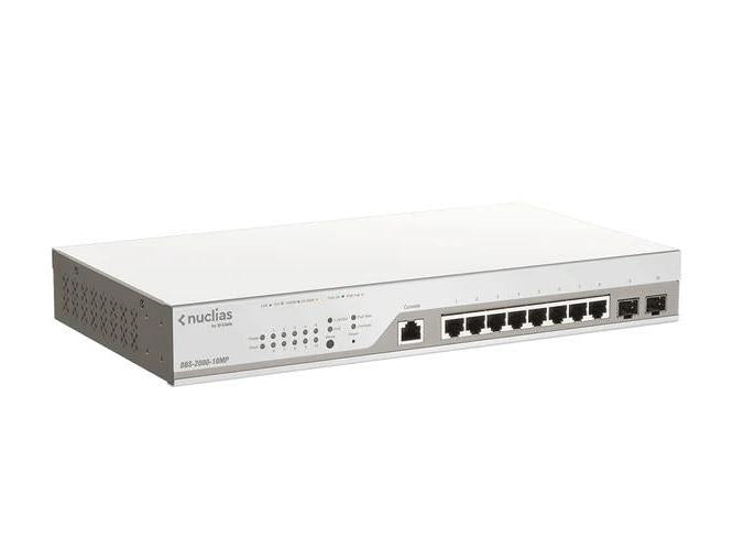 D-Link's DBS-2000-10MP Nuclias Business Cloud Switch is an 8-port Gigabit PoE switch with 130W power budget and 2 x 1000 Mbps SFP uplinks, designed for seamless cloud-managed networking. This TAA-compliant solution enables centralized control and scalable deployment for business environments.