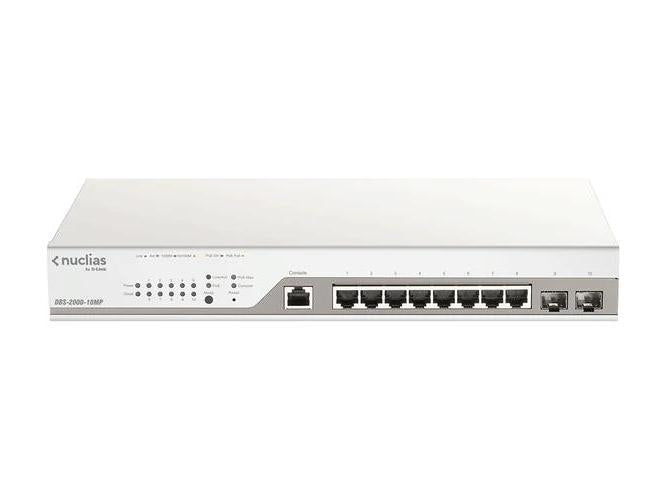 D-Link's DBS-2000-10MP Nuclias Business Cloud Switch is an 8-port Gigabit PoE switch with 130W power budget and 2 x 1000 Mbps SFP uplinks, designed for seamless cloud-managed networking. This TAA-compliant solution enables centralized control and scalable deployment for business environments.
