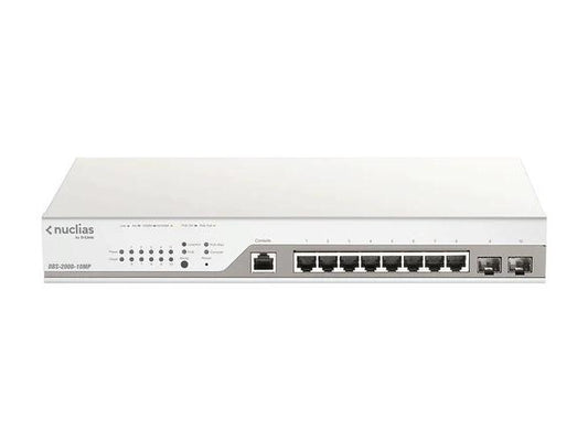 D-Link's DBS-2000-10MP Nuclias Business Cloud Switch is an 8-port Gigabit PoE switch with 130W power budget and 2 x 1000 Mbps SFP uplinks, designed for seamless cloud-managed networking. This TAA-compliant solution enables centralized control and scalable deployment for business environments.