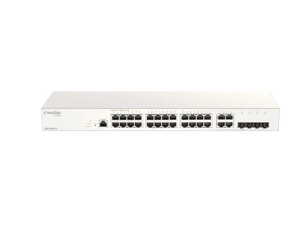 Nuclias Business Cloud 28 Port Gigabit Switch with 4 RJ45/SFP Combo Ports. Designed for centralized, cloud-based management, this rackmount switch provides flexible deployment and high-speed connectivity through its 28 Gigabit Ethernet ports and built-in security features.