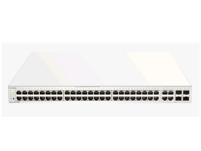 Nuclias Business Cloud 52 Port Gigabit Switch-PoE Budget 370W, 4 RJ45/SFP Combo Ports. Delivers 104 Gbps switching capacity, 48 PoE+ ports, and cloud-based management for scalable enterprise networking.