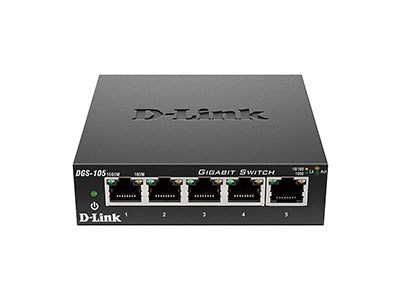 The D-Link DGS-105 is a compact, unmanaged 5-port Gigabit desktop switch designed for reliable and efficient networking in small office and home environments. It supports five 10/100/1000 Mbps Ethernet ports, ensuring high-speed data transmission and energy efficiency. Its metal housing and QoS support offer robust performance for essential network devices.