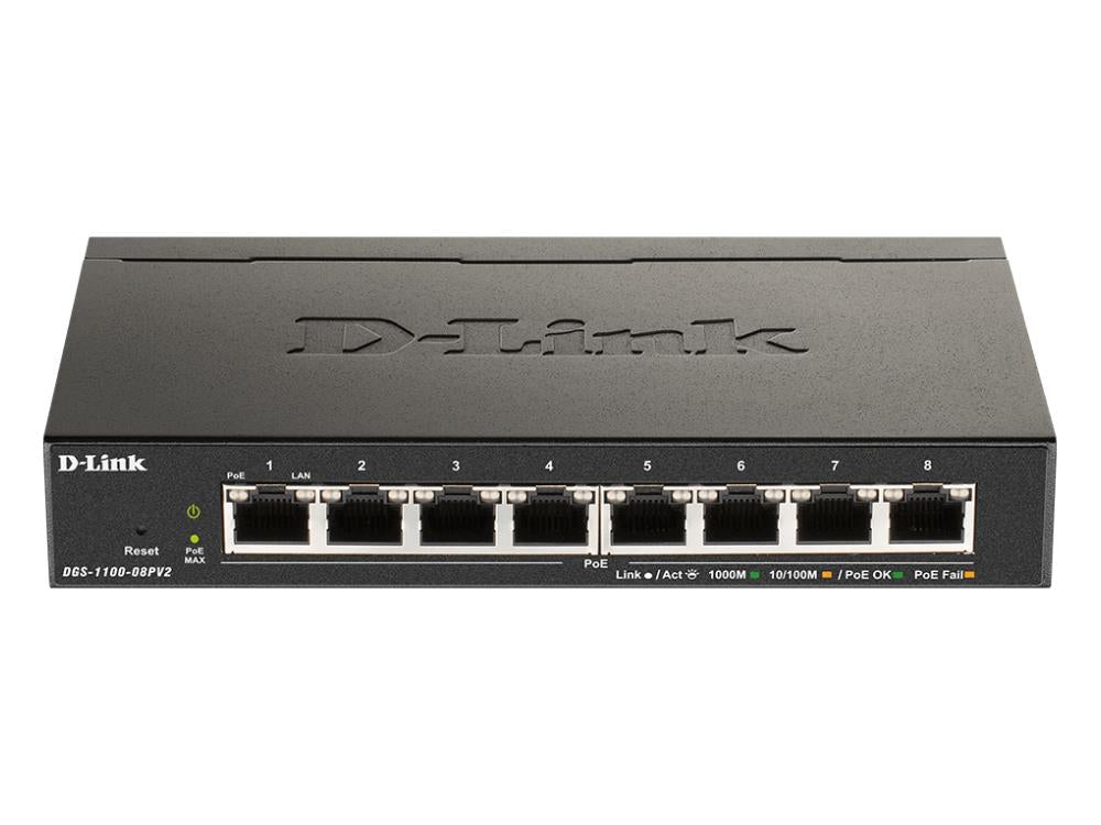 D-Link's DGS-1100-08PV2 is a smart-managed switch featuring 8 Gigabit PoE ports and a total PoE budget of 64W. Designed for small to medium businesses and enterprise edge deployments, it offers an intuitive web interface, advanced diagnostics, and silent fanless operation. It also includes energy-efficient features built on the D-Link Green Ethernet standard to reduce operating costs and environmental impact.