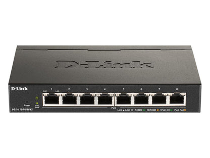 D-Link's DGS-1100-08PV2 is a smart-managed switch featuring 8 Gigabit PoE ports and a total PoE budget of 64W. Designed for small to medium businesses and enterprise edge deployments, it offers an intuitive web interface, advanced diagnostics, and silent fanless operation. It also includes energy-efficient features built on the D-Link Green Ethernet standard to reduce operating costs and environmental impact.