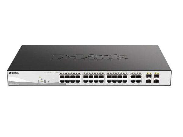 The D-Link DGS-1210-28MP is a smart managed PoE+ switch featuring 24 1GbE ports, 4 combo SFP uplink ports, and a 370W power budget. Designed for versatility and efficiency, it complies with IEEE 802.3az and supports IPv6 for future-ready networking. With its advanced management and security features, it is ideal for growing business networks.