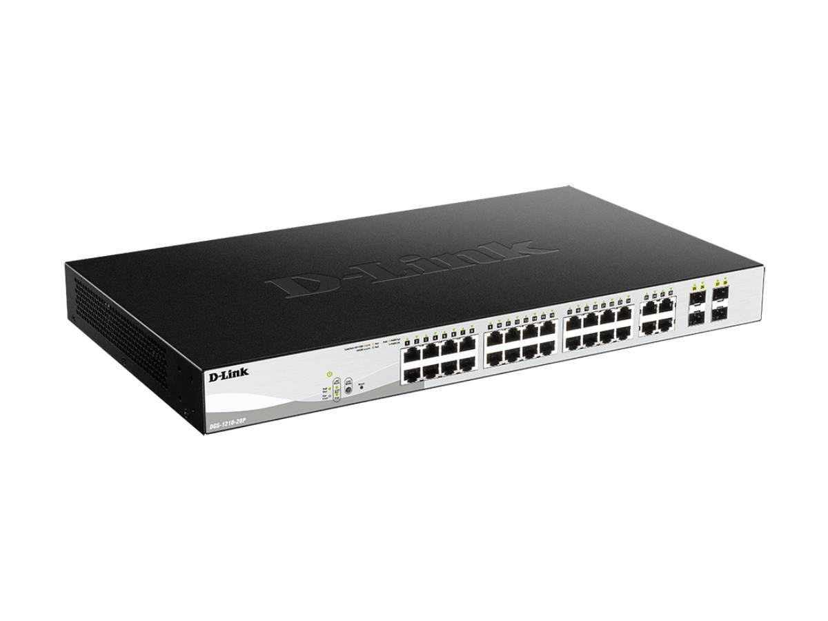 The D-Link DGS-1210-28P is a high-performance 28-port Gigabit Smart Managed PoE switch ideal for growing network infrastructures. With 24 Gigabit PoE ports and 4 combo SFP uplink ports, it supports advanced Layer 2 functionality and power delivery tailored for SMBs. It ensures efficient, flexible, and secure network deployment with a power budget of 193W.